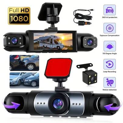 360° Dash Cam för bil, 4 kanaler, fram 1080P HD & bak/vänster/höger 720P med 3,16" IPS-skärm, mörkerseende, loopinspelning, 24 timmars parkeringsövervakning (G-sensor/rörelsedetektering), valfritt 32 GB minneskort., fordonssäkerhetskamera, bilkamera, kompakt design, modern dash cam, hållbar konstruktion, högkvalitativ skärm, G-sensorkamera, bilägare, dagliga pendlare, dash cam för bil fram och bak, trådlös