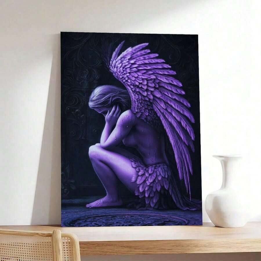1pc, Majestic Purple Angel Canvas Wall Art, Deeply Spiritual And Emotional Fantasy Art Print For Living Room Decor, Enchanting Wall Hanging With Solid Wood Frame, Aesthetic Giclee Painting For Bedroom, Thought-Provoking Artwork For Office Or Home Gallery, Unique Artistic Mural, Easy To Install Wall Decoration, Expressive Figurative Print, Vibrant Color. - 白色 - 查看 1