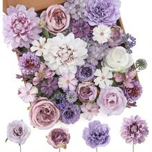 Artificial Flowers Combo Purple Flowers Mix Silk Flowers Dahlia Roses With Stems For DIY Wedding Bridal Bouquets Baby Shower Floral Arrangement Table Centerpieces Home Decorations.Gift - 紫色 - 查看 1