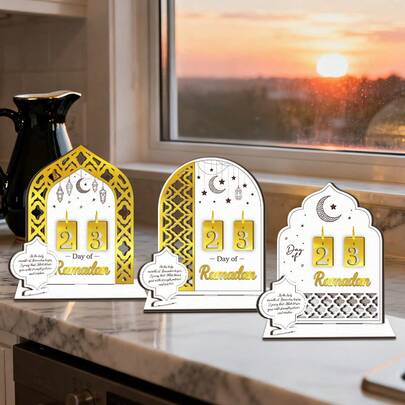 1pc Golden Ramadan Countdown Ornament, Wooden Eid Al-Fitr Star And Moon Lantern Design, Islamic Holiday Living Room And Bedroom Home Decoration.