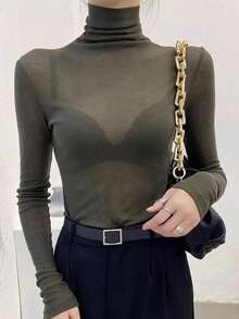 2025 New Black High Neck Sheer Mesh Thin Long Sleeve T-Shirt, Layering Top For Autumn/Winter - Army Green - View 2