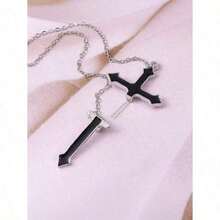 1pc Black Cross Integrated Stud Earring With Chain Edgy Fashionable Suitable For Women's Daily And Festival Wear - màu đen - Xem 4