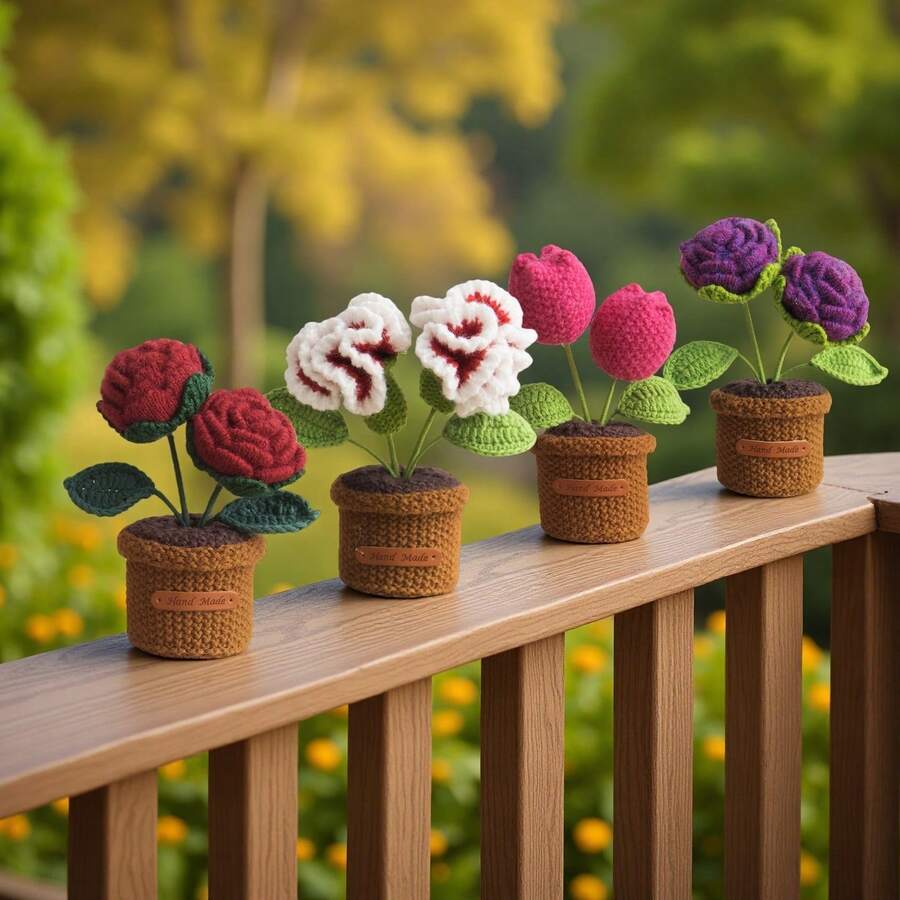 Handmade Crochet Flower Bouquet Desktop Decor, Handwoven Artificial Potted Plant, Creative Crochet Desktop Ornament, Suitable As Mother's Day, Anniversary, Birthday, Valentine's Day Gift, Or Home/Office Desk Decoration For Mom, Friends, Girlfriend - Multicolor - View 1