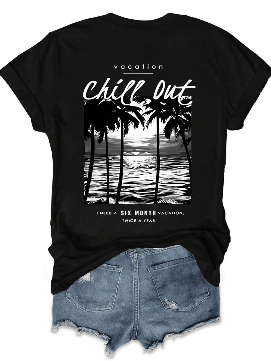 Women's Plus Size Spring/Summer Coconut Tree Beach Letter Print Casual Simple Loose Comfort Street Style Everyday Round Neck Short Sleeve Plus Size T-Shirt Tops - Black - View 1
