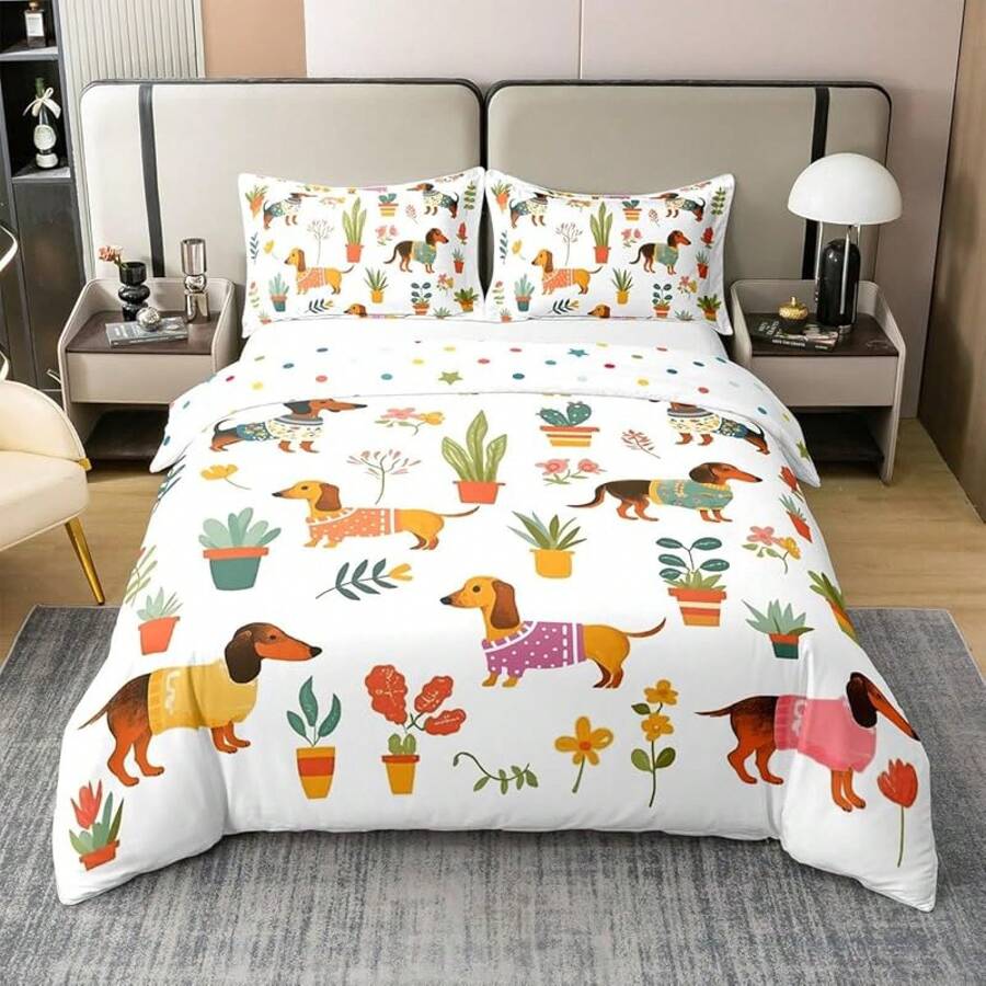 % Cotton Pink Dachshund Comforter Cover, Flower Floral Bedding Set, Kawaii Sausage Dog Duvet Cover, Lovely Puppy Quilt Cover, Soft Comfy, Dachshund Bedding - 棕色 白色 紅色 - 查看 1