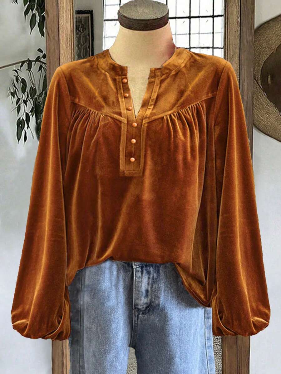 Áo sơ mi nữ dài tay cổ chữ V màu trơn dáng rộng, có cúc trang trí, thích hợp cho mùa thu đông, áo Halloween, màu nâu. - Nâu đỏ - Xem 1