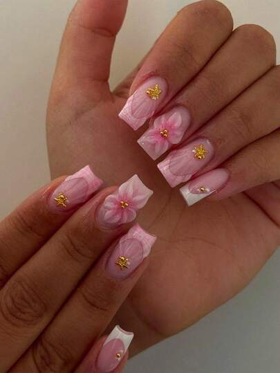 24 st. 3D-gelnagelklistermärken, pärl- och metallpärldekor, fyrkantig fransk tipp, perfekt passform, set med akryl lösnaglar, innehåller: 1 st. gelégel och 1 st. nagelfil, lätta att bära. Dessa 3D-blommiga gelnagelklistermärken med fransk tipp passar kvinnors dagliga arbete, fest etc.