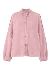 Joy Knit 女士秋冬针织衫 - 简约宽松针织开衫，配金属纽扣，长袖粉色 - 粉色 - 查看 4
