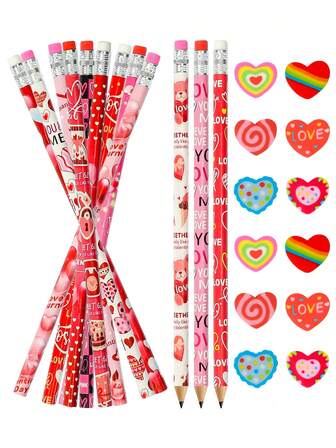 Set de 12 piezas/24 piezas de lápices y borradores con forma de corazón, regalos temáticos de San Valentín adecuados para parejas, bodas, recompensas en el aula, cumpleaños, suministros de oficina, rellenos de obsequios de fiesta, regalos de Año Nuevo