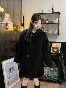 女士纯色翻领长袖宽松休闲高档羊毛大衣，秋冬款 - 黑色 - 查看 5