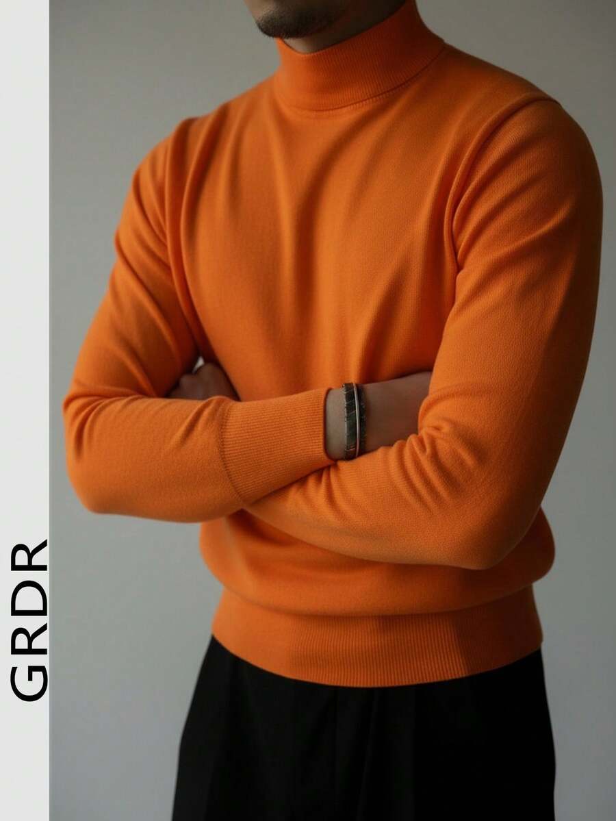 GRDR Men's Regular Shoulder Long Sleeve High Neck Sweater, Versatile For Daily Wear, Knitted
