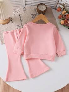 Baby Girls Casual Cute Embroidered Floral Round Neck Long Sleeve Top And Flare Pants Set, Autumn/Winter - Pink - View 2
