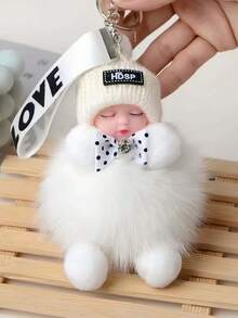 1pc Cartoon Doll Keychain With Real Faux Fur Alloy Round Shape Decorative Ladies Key Ring With Ring Buckle Ideal For Bag & Car Key Decoration Perfect For Valentine'S Day Gift 1 Piece Keyring Travel Accessories