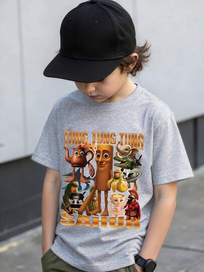 Young Boys Funny Slogan "Tung Tung Tung Sahur" & Wooden Stick Figure Print Short Sleeve T-Shirt, Casual Summer