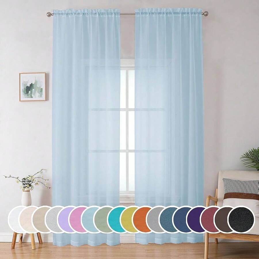 OWENIE Sheer Curtains 96 Inches Long For Bedroom Living Room, Solid Light Filtering Fimly Sheer Curtains With Rod Pocket Top, Soft Sheer Long Curtains, Each 42Wx96L Inch, Sky Blue,42inchWx96inchL(Packof2),SkyBlue - 天藍 - 查看 1