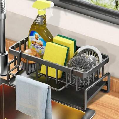 Soporte para esponja de fregadero - Cesta de drenaje automático, organizador de platos de acero inoxidable con estante de tela extraíble, dispensador de jabón y soporte para cepillo de baño