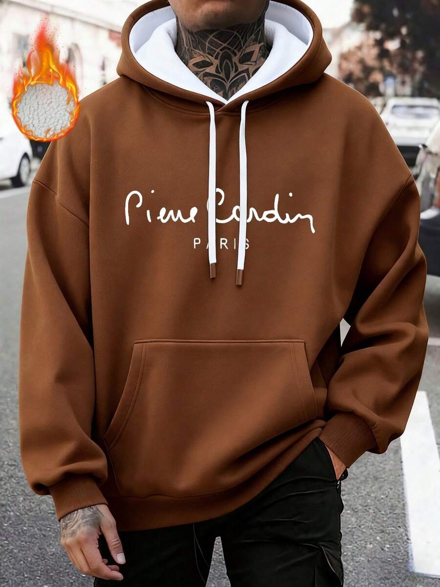 Męska bluza z kapturem, bawełniana, z kapturem i polarową podszewką z logo Pierre Cardin, męska bluza z opadającymi ramionami, ciepła, luźna bluza z kapturem na jesień/zimę, wykonana z grubego materiału, odpowiednia na zimne dni - Brązowo-rudy - Zobacz 1