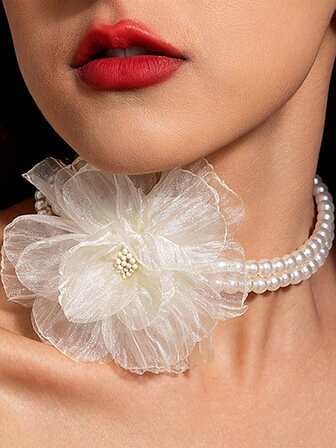 Collar de perlas falsas retro francés exagerado, collar de flores blancas hecho a mano con cuentas para damas