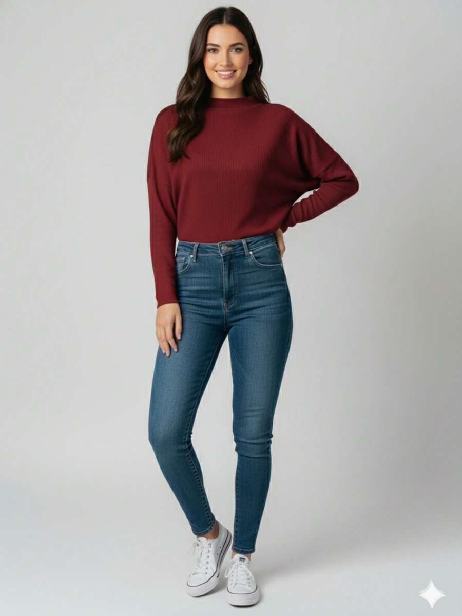 Women's Long Sleeve Batwing Blouse High Neck Loose Social Premium Luxury Style 2025 - 酒紅色 - 查看 1
