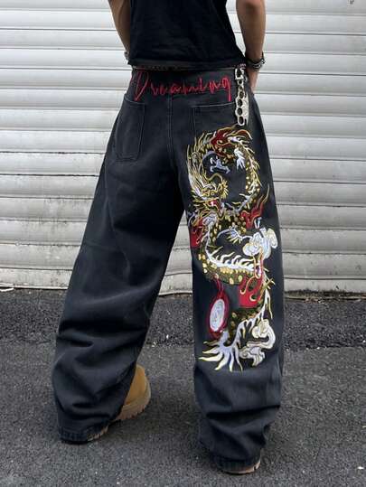 1pc Justice Brother Stylish Embroidered Niche Brand Black Denim Jeans, Fashionable Wide Leg Casual Comfortable Pants (Belt And Accessories Not Included)