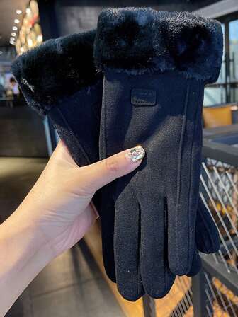 1 双女士冬季保暖带衬里手套，可爱绒面革面料，防风触屏骑行手套（双向字母图案）