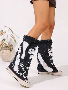 Western Buckle Holiday Mid Calf Boots For Women Retro Canvas Mid Calf Slouchy Wide Calf Flat Daily Work Shoes Fall/Winter Women's Round Toe Thick Sole Flat Short Boots, Casual Canvas Short Boots For Spring & Autumn,Boots For Women - 黑白花 - 查看 6