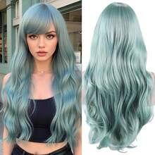 28英寸薄荷绿卷曲刘海假发，波浪发型，适合派对和角色扮演 - 彩色 - 查看 14