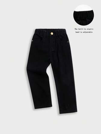 男童简约黑色水洗阔腿牛仔裤，百搭休闲装，可调节松紧腰宽松直筒牛仔裤