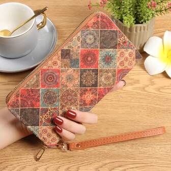 复古图案缝线长款钱包、手拿包、波西米亚风女士拉链零钱包