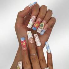 DiDazzle 10 PCS Handmade Square Press - On Nails | Pink - Blue Nails With Acrylic Pink & Blue Bases, Floral & Gem Frame Embellishments - 紅白色 - 查看 2