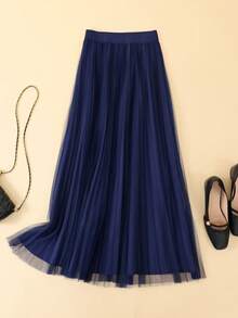 LuminousWealth Women's Elegant Pleated Mesh A-Line Skirt, Suitable For Casual Or Office Wear, Minimalist & Graceful | Polyester Mesh Skirt, Suitable For All Seasons, Great For Christmas & New Year - Màu xanh đậm - Xem 1