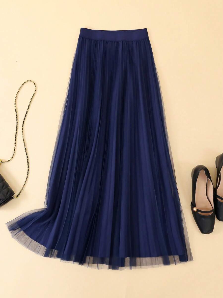 LuminousWealth Women's Elegant Pleated Mesh A-Line Skirt, Suitable For Casual Or Office Wear, Minimalist & Graceful | Polyester Mesh Skirt, Suitable For All Seasons, Great For Christmas & New Year - Màu xanh đậm - Xem 1