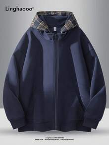 بلوفر هودي رجالي بفتحات جانبية وأساور مرنة، قطعة مريحة وناعمة، تصميم أنيق لعلامة تجارية أمريكية للخريف - أزرق بحري - مشاهدة 2