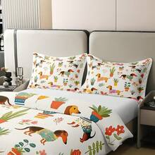 % Cotton Pink Dachshund Comforter Cover, Flower Floral Bedding Set, Kawaii Sausage Dog Duvet Cover, Lovely Puppy Quilt Cover, Soft Comfy, Dachshund Bedding - 淺褐色的 - 查看 6