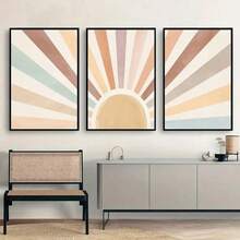 3pcs Rainbow Sun Bohemian Art Optional Wooden Frame Posters, Medieval Bohemian Minimalist Murals, Retro Canvas Prints, Modern Living Room, Bedroom, Office Home Decor - Multicolor - View 4