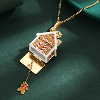 1件时尚珐琅可打开姜饼屋吊坠项链，手绘圣诞雪屋装饰，适合女性日常佩戴