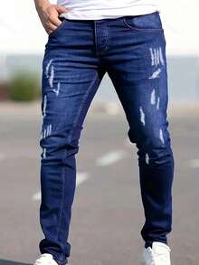 Teen Boy Fashion Stretchy Ripped Skinny Fit Jeans - Blue - View 1