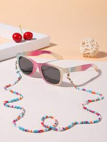 1 Set 1 Pieza Gafas de moda rectangulares de colores bohemios para niñas de 4 a 8 años y 1 Pieza Cadena de gafas de perlas de colores, adecuado para regalos de vacaciones, fiestas y atuendos diarios - Multicolor - Ver 6