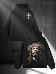 Jesus Progress Fashion Men's Casual Long-Sleeved Hooded Pullover Sweatshirt (250g Polyester) Is Suitable For Outdoor Sports And Is An Ideal Choice For Autumn And Winter Printing - 黑色 - 查看 1