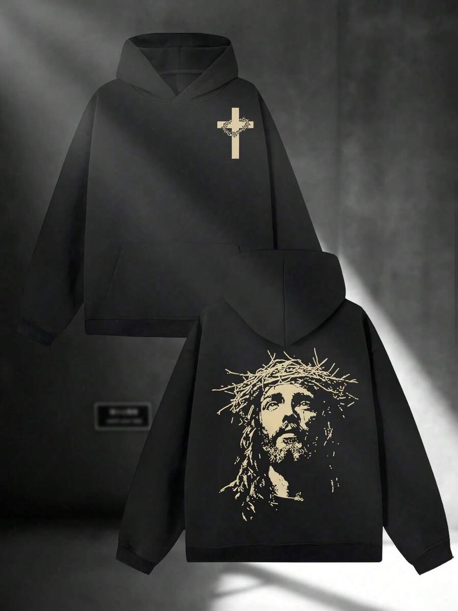 Jesus Progress Fashion Men's Casual Long-Sleeved Hooded Pullover Sweatshirt (250g Polyester) Is Suitable For Outdoor Sports And Is An Ideal Choice For Autumn And Winter Printing - 黑色 - 查看 1