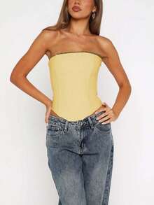 Women Bandage Back Off Shoulder Tube Tops - Yellow - View 3