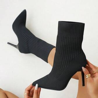 4 Seasons New Knitted Pointed Toe Slim Heel Mid-Calf Boots For Women, Elastic Design Classy High Heel Boots, Fashion Versatile Slimming Dress Boots For Commuting, Dating, Party, Soft Knit Material Comfortable & Foot-Fitting
