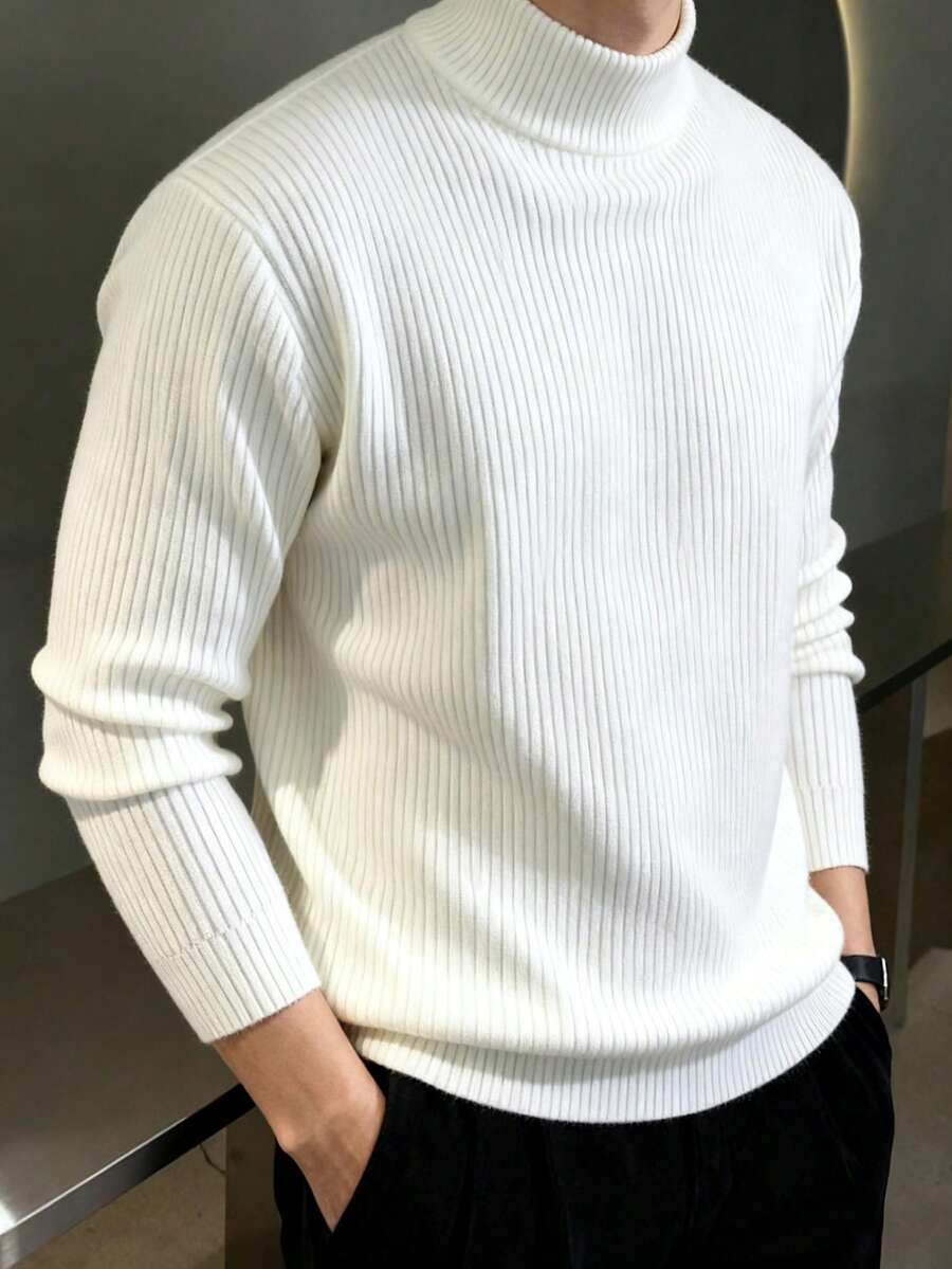 Men's Solid Color Minimalist Casual Ribbed Turtleneck Long Sleeve Sweater - White - View 1