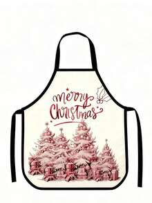 Pink Christmas Reindeer Santa Apron, Home Cleaning Kitchen Cooking Anti-Fouling Smock, Household Work Uniform