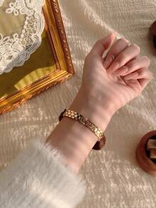 1块棕色圆形PU皮革方形女士石英表，时尚优雅，适合日常佩戴，生日/毕业礼物，派对礼物 - 棕色 - 查看 5