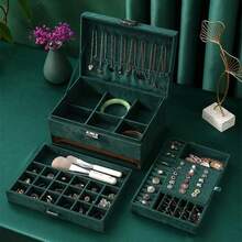 Large Green Suede Jewelry Box With Drawer + Key - 3 Layers - For Rings, Earrings And Necklaces - 彩色 - 查看 6