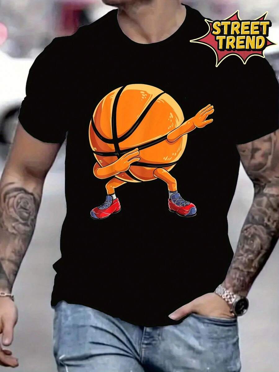 Camiseta de Verano para Hombre - Impresión Gráfica de Baloncesto Antropomórfico Divertido en Zapatillas, Camiseta de Corte Regular con Cuello Redondo y Manga Corta para Fanáticos del Baloncesto, Top Casual Lavable a Máquina - Negro - Ver 1