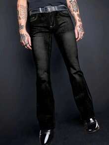 YANGCANREN Men's Fashionable Slim Fit Flared Stretch Denim Jeans - 黑色 - 查看 3