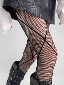 1pc Sexy Plaid Fishnet Stockings - Black - View 2