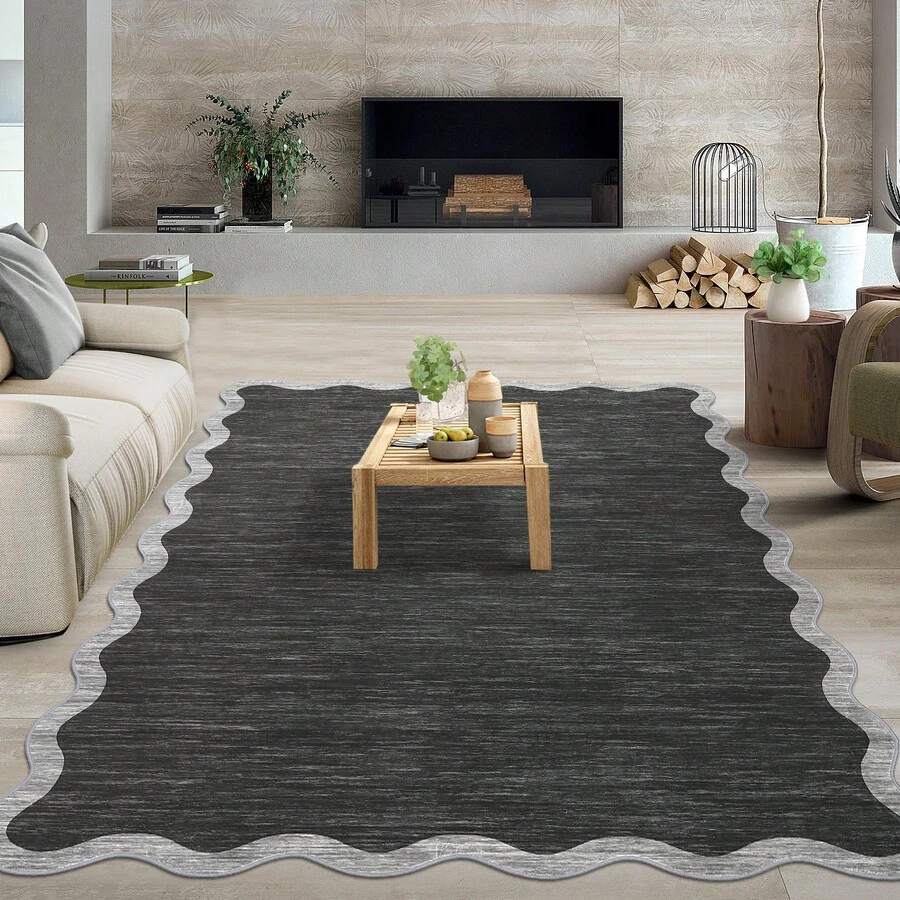 1Pcs Room Decor Modern Washable Scalloped Border Solid Dark Gray Area Rug For Living Room Indoor Bedroom Foldable Floor Mats, Soft Low Pile Non Shedding Carpets For Offices Non-Slip Runner For Hallway Dorm - Dark Grey - View 1